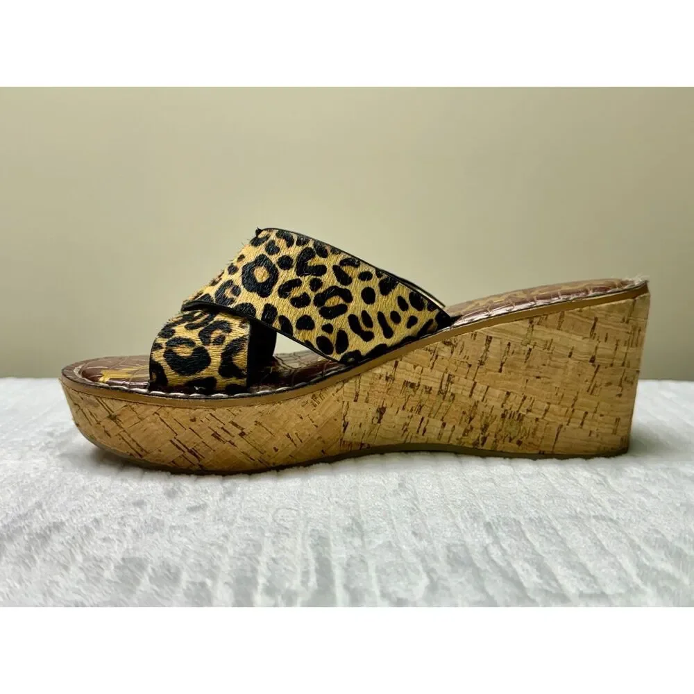 SAM EDELMAN Remini Leopard Calf Hair Cork Wedges, Sz 7.5M